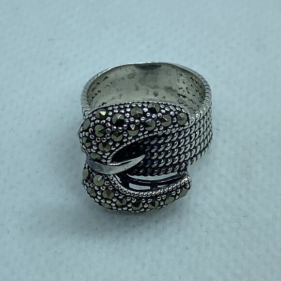 💛 925 Vintage Marcasite Belt Buckle Ring - Picture 3 of 6